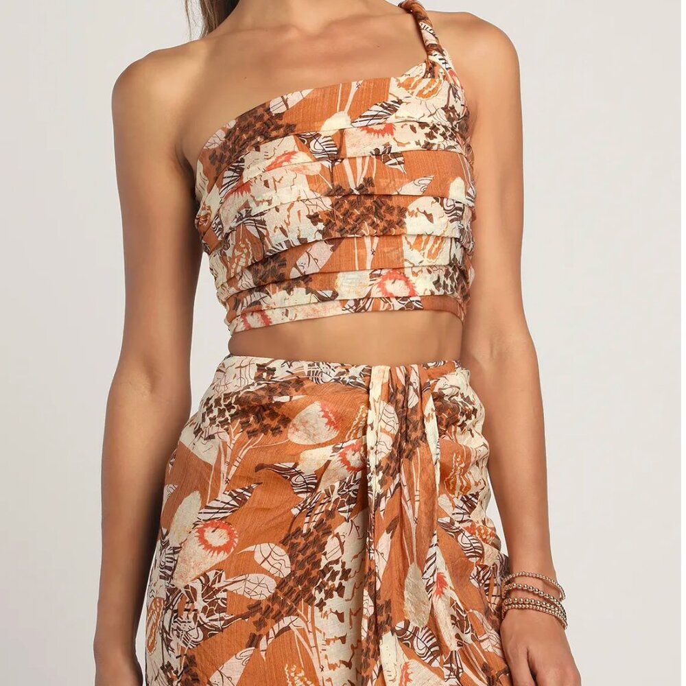 Something Wild Brown Multi Print Pleated One-Shoulder Crop Top + Skirt- Size M - Picture 2 of 2
